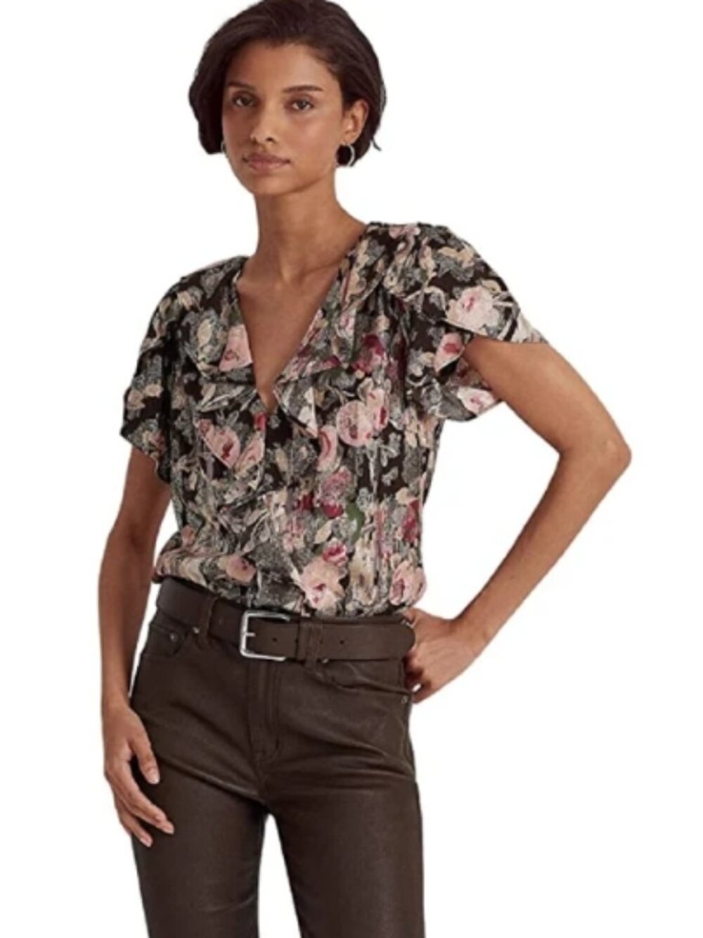 EUC Lauren Ralph Lauren Floral Metallic Jacquard Short Sleeve Blouse Brown XL